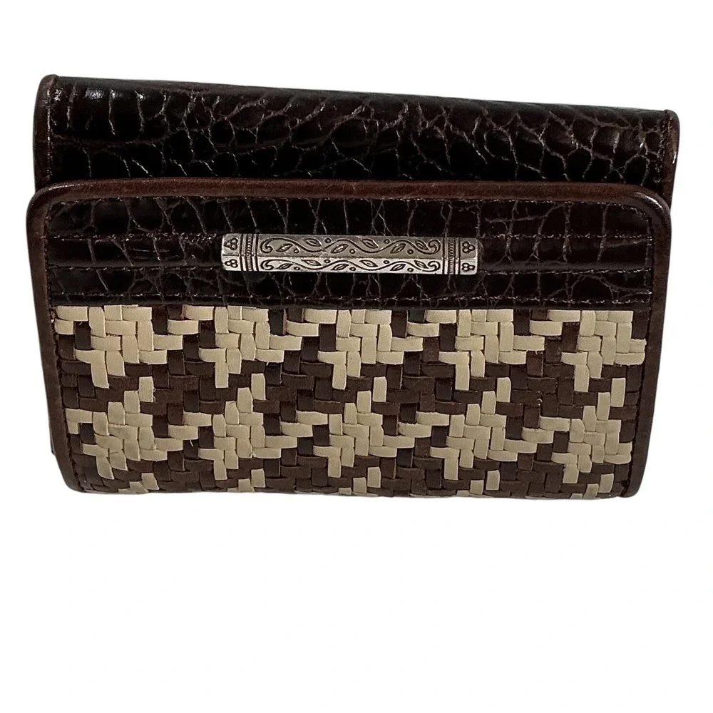 Brighton Woven Houndstooth Croc Embossed Leather Card‎ Case Wallet Brown Tan